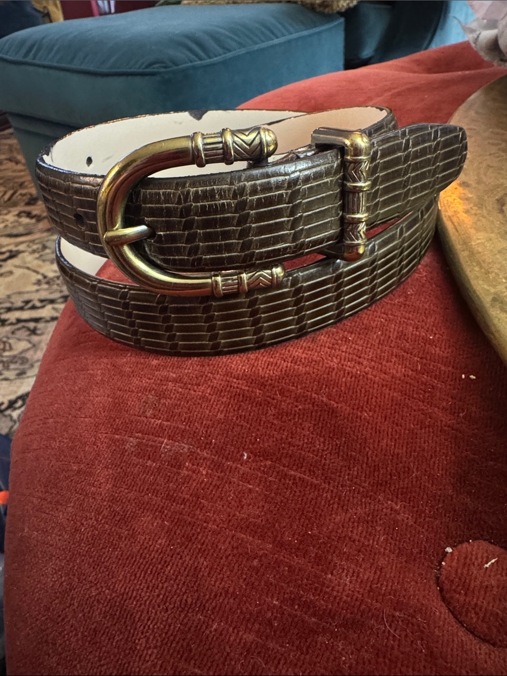 Talbots Dark Brown Croc-Embossed Leather Belt with Gold Buckle